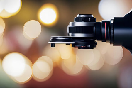there is a camera lens that is attached to a camera, reflex camera lens with focus point on a blurred background.の素材