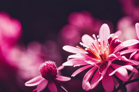 there are many pink flowers that are blooming in the dark, daisy flowers in a field with pink petals and a black background.の素材
