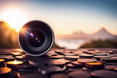 lens on a camera lens sitting on top of a pile of coins, reflex camera lens on top of coins with sunset in background.の素材