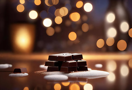 there is a chocolate bar on a table with a lot of sugar, hockey pucks and chocolate on a table with lights in the background.の素材
