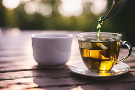 there is a cup of tea and a teapot on a table, cup of tea being poured into a cup on a table.の素材