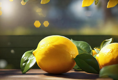 there are three lemons sitting on a table with leaves, lemons and leaves on a table with a bench in the background.の素材