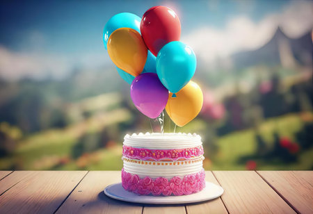 there is a cake with balloons on top of it on a table, balloon floating over a cake with a pink frosting and sprinkles.の素材