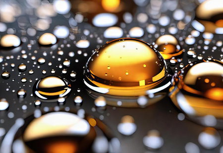a close up of a bunch of shiny water droplets on a surface, bubbles of water are floating on a surface with gold spheres.の素材