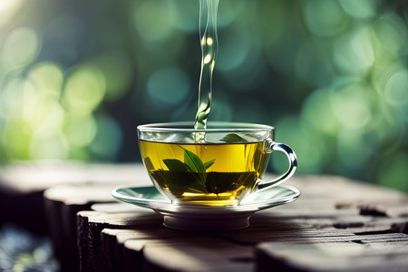 there is a cup of tea with a tea leaf in it, cup of green tea with a tea leaf in it on a wooden table.の素材