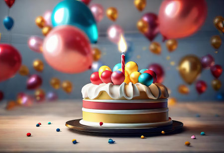 balloons are flying around a birthday cake with a candle on top.の素材