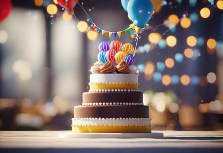 there is a cake with candles and balloons on it, wax light shines on a cake with balloons and garlands.の素材