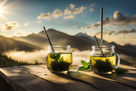 there are two jars of tea with straws on a table, water jugs with tea and straws sit on a table with mountains in the background.の素材