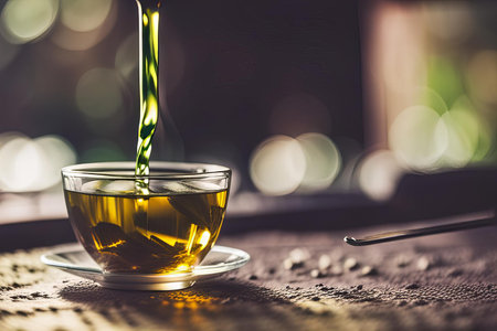 there is a tea cup with a tea bag in it, cup of tea with a spoon and a spoon on a table.の素材