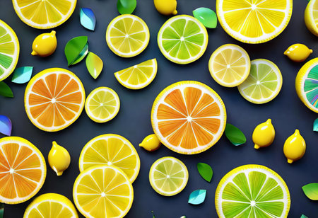 there are many slices of lemons and oranges on a table, lemons and limes are arranged on a black surface.の素材