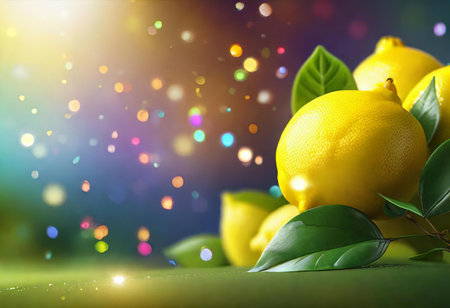 there are many lemons that are on the table with leaves, lemons with leaves and a bright background with bokeh.の素材