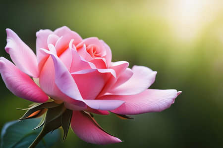 there is a pink rose that is blooming in the sun, pismire of a pink rose with a green background.の素材
