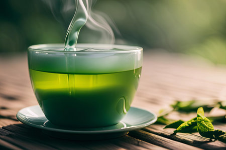 there is a cup of green tea with a steam rising out of it, cup of green tea with steam rising out of it.の素材