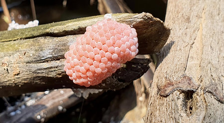 a photography of a pink flower on a branch in the woods, coral fungus on a tree branch in the water.の写真素材