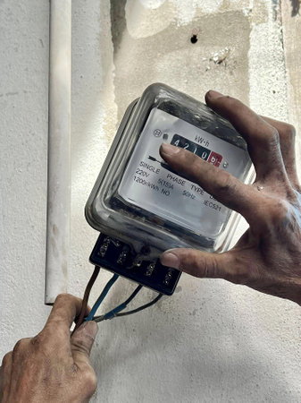 a photography of a person is holding a meter in their hand, electrical switcher with a hand holding...