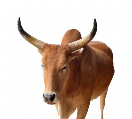 a photography of a brown cow with large horns standing in the grass, ox with long horns standing in front of a white background.の写真素材