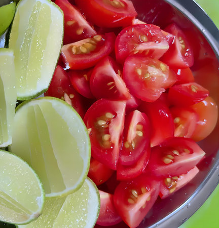 a photography of a bowl of tomatoes, limes, and tomatoes, cucumber, tomatoes, and limes are in a bowl on a table.の写真素材