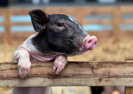 a photography of a pig sticking its tongue out over a fence, sus scrofa pig sticking its tongue out...