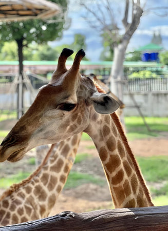 a photography of two giraffes standing next to each other in a zoo, zebras are standing in a zoo enclosure with a fence.の写真素材