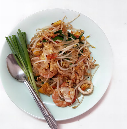 a photography of a plate of food with a spoon and fork, plate of food with shrimp, noodles, and...