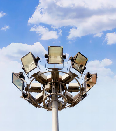 a photography of a street light with multiple lights on it, spotlights on a pole with a blue sky in...
