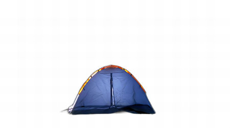 a photography of a blue tent with a yellow and orange stripe.の写真素材