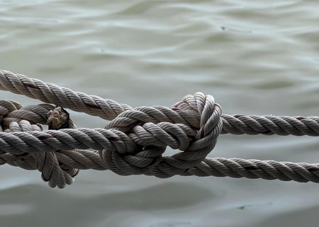a photography of a rope with a knot on it near the water, knot on a rope by the water.