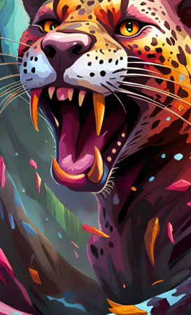 brightly colored painting of a leopard with its mouth open, comic book style illustration of a leopard with its mouth open.の素材