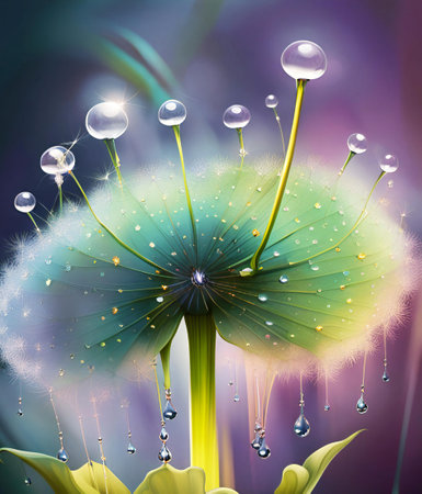 image of a dandelion with water droplets on it, bubbles are floating on a dandelion with water droplets.の素材