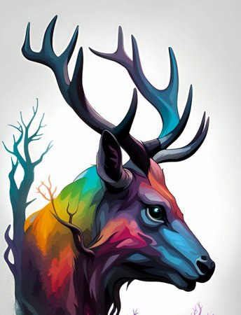 brightly colored deer with horns and a tree in the background, capra ibexor of a deer with a colorful head and antlers.の素材