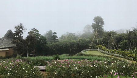 a photography of a garden with a lot of flowers and trees, lakeshore garden with a view of a house and a garden.の写真素材