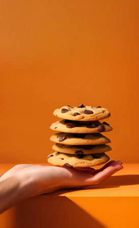 a stack of chocolate chip cookies on a table.の素材