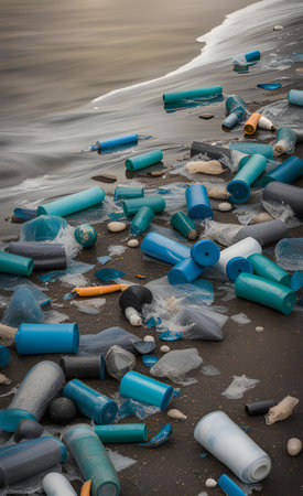 a photo of plastic bottles on the beach.の素材