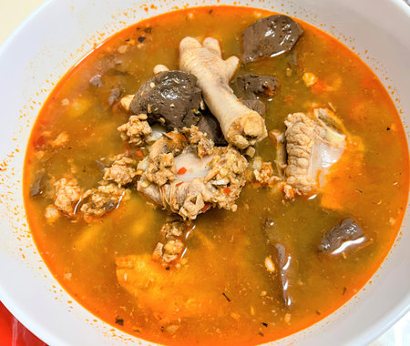 a bowl of soup with a bone and meat.の写真素材