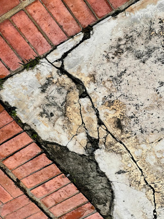a crack in the brick wall of a house in the old town of san francisco.の写真素材