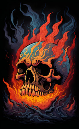 a close up of a skull with flames on a black background.の素材