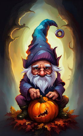 cartoon gnome with a pumpkin in his hand.の素材