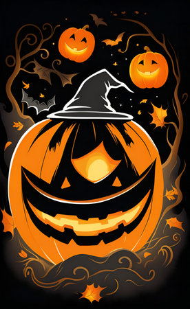 there is a halloween pumpkin with a witch hat on it.の素材