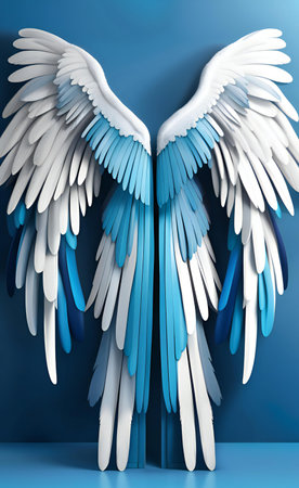 there is a large white and blue angel wings on a blue wall.の素材