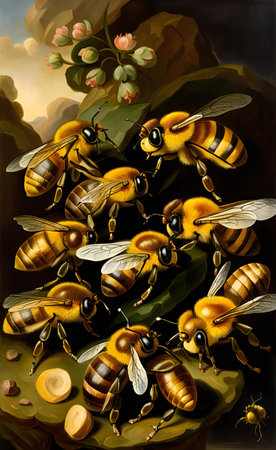 there are many bees that are sitting on a leaf.の素材