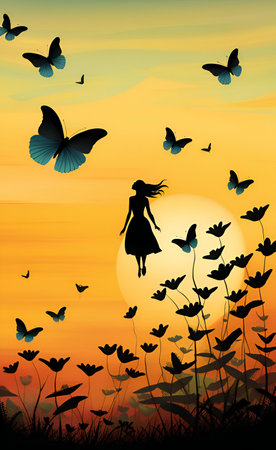 there is a woman flying in the sky with butterflies.の素材