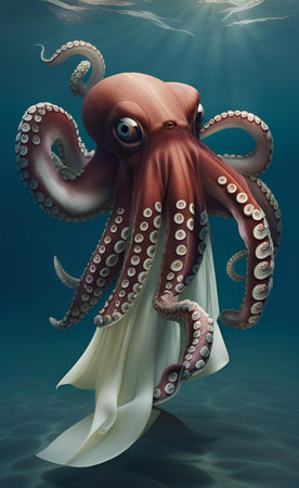 octopus with a white dress in the ocean with sun shining.の素材