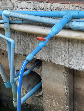 a photography of a blue pipe connected to a concrete wall.