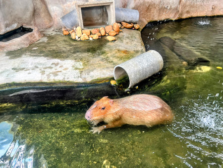 a photography of a rodent in a zoo enclosure with a water tube.の写真素材