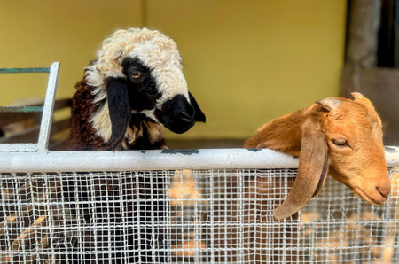 a photography of two goats looking over a fence at the camera.
