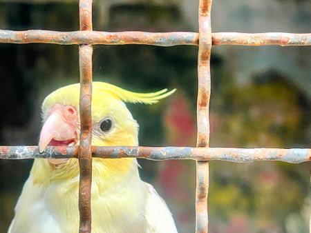 a photography of a yellow bird with a pink beak is behind a fence.の写真素材