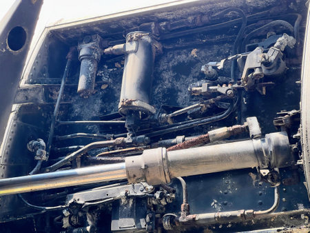 a photography of a close up of a train engine with the engine exposed.