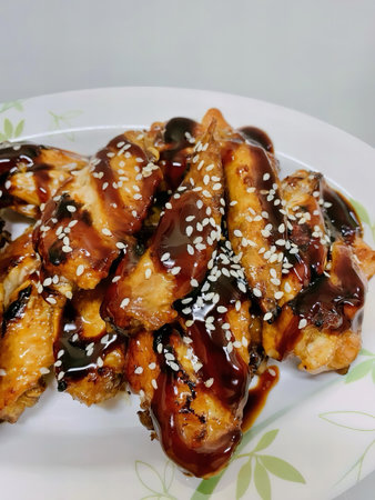 a photography of a plate of chicken wings covered in sauce and sesame seeds.の写真素材