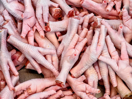 a photography of a pile of chicken feet with a lot of blood on them.の写真素材