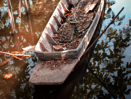 a photography of a boat in the water with a tree in the background.